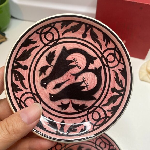 Bonwit Teller Set 5 primitive folk art birds coasters Pink original box Italy - Picture 6 of 14